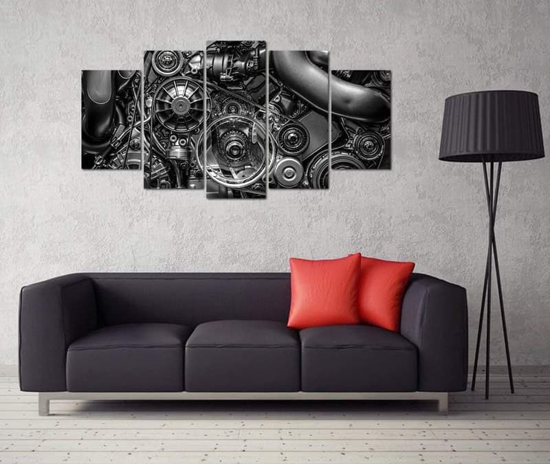 Modern Home Decor - 5-Piece Black & White Engine Canvas Art