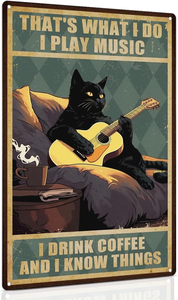 Guitar Player Gift: Black Cat Art Sign, 8x12 Inch