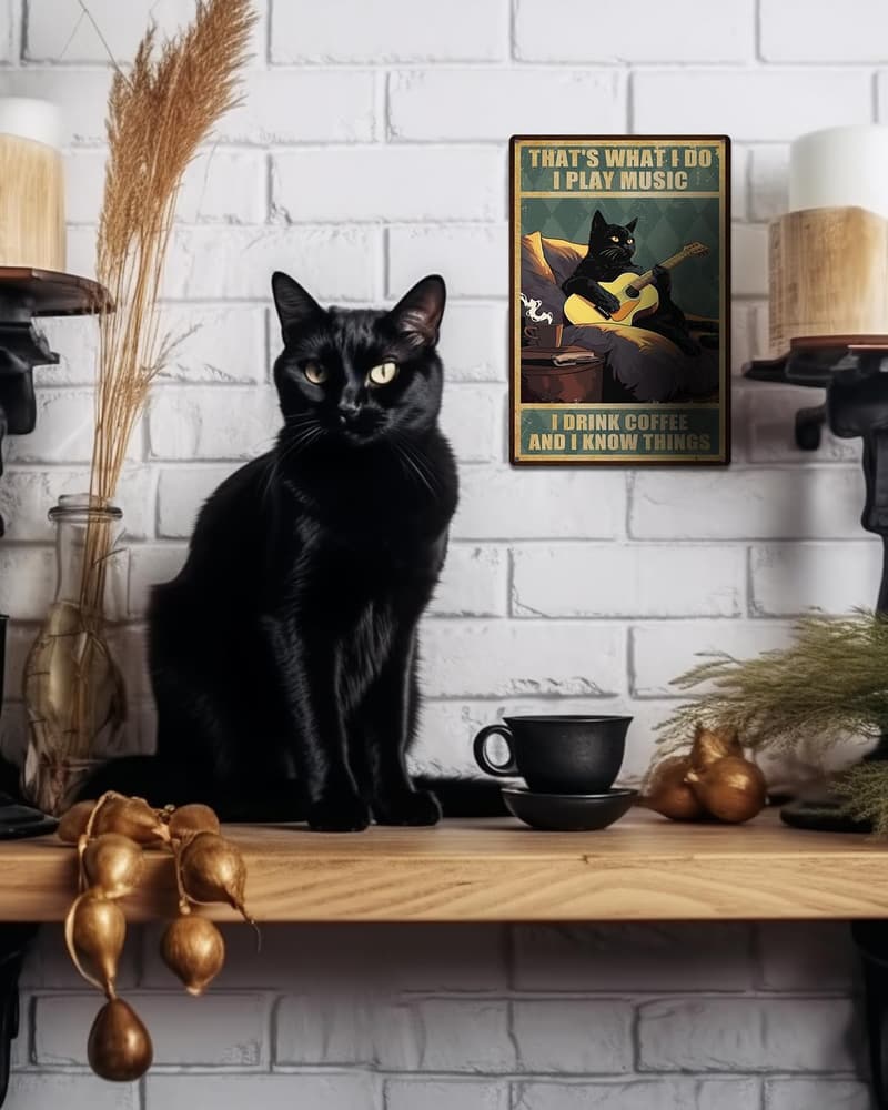 Guitar Player Gift: Black Cat Art Sign, 8x12 Inch