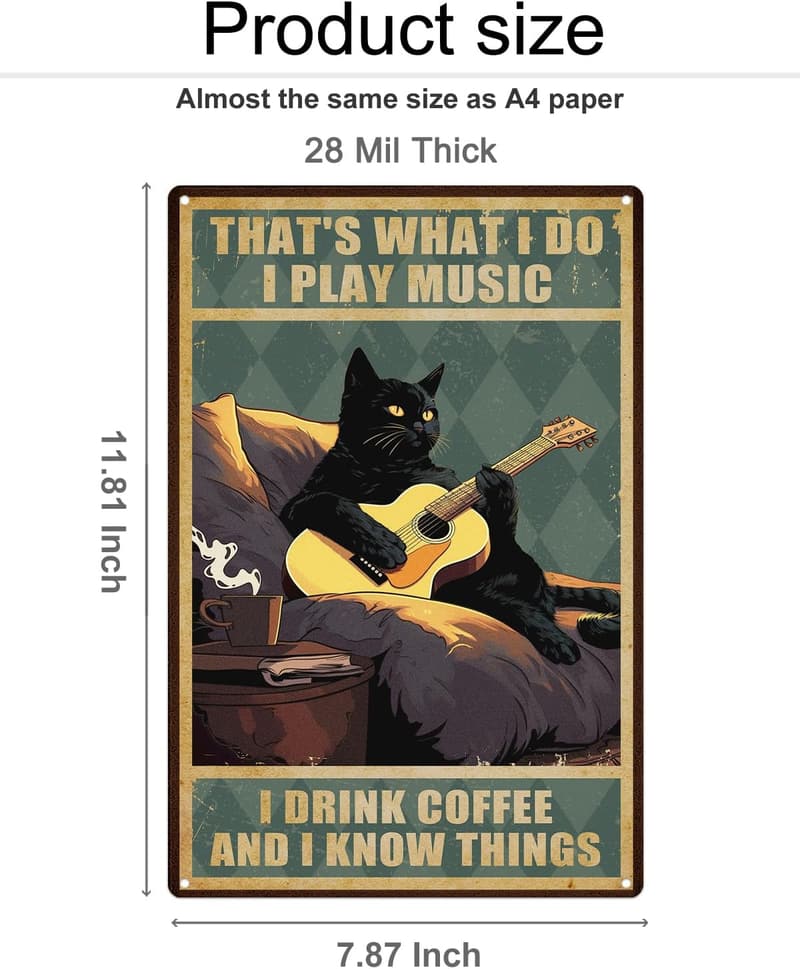Guitar Player Gift: Black Cat Art Sign, 8x12 Inch