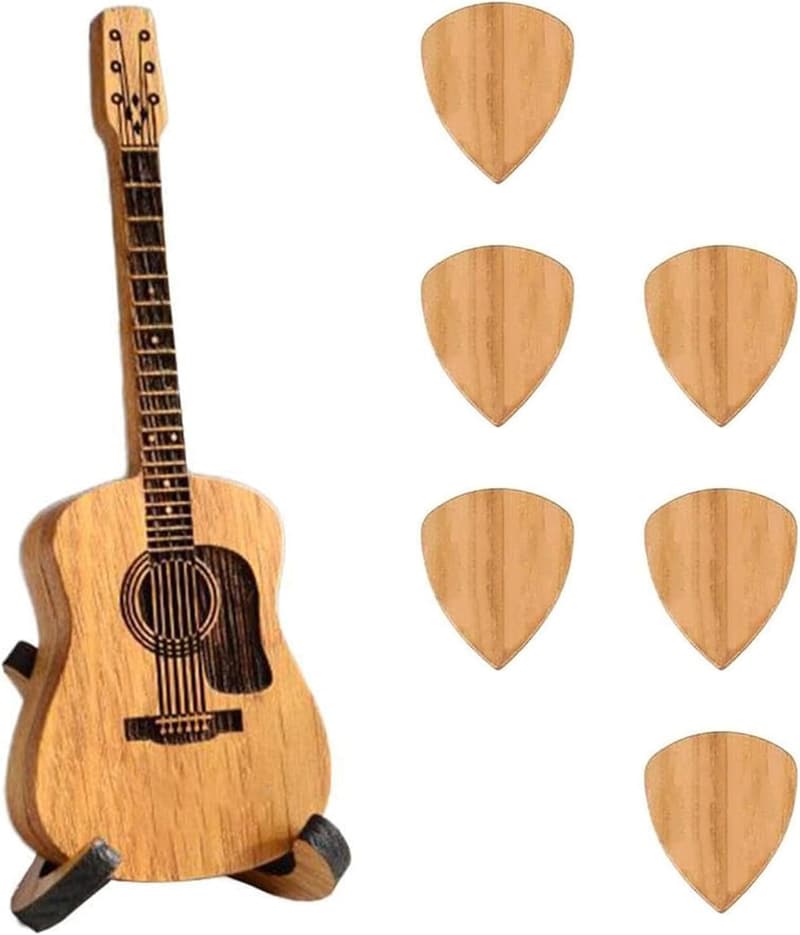 Engraved Wooden Guitar Pick Box with 6 Picks for Musicians