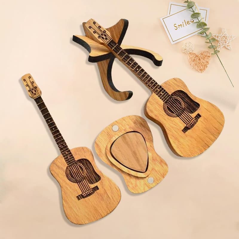 Engraved Wooden Guitar Pick Box with 6 Picks for Musicians