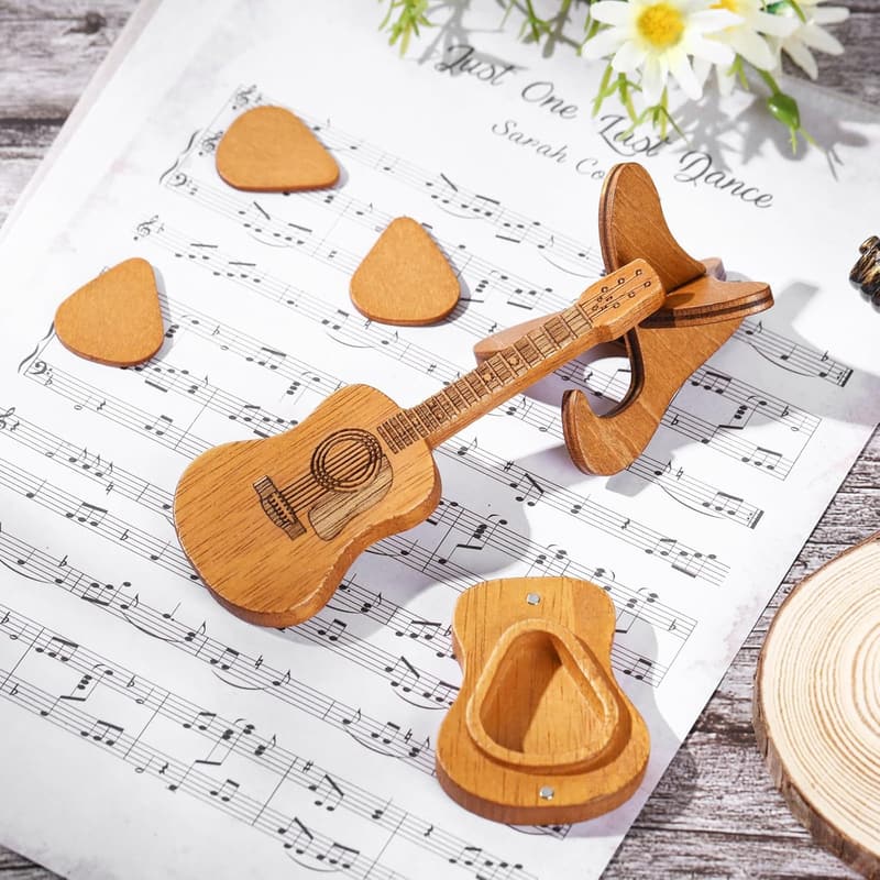 Engraved Wooden Guitar Pick Box with 3 Picks - Music Gift