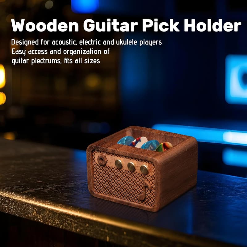 Guitar Pick Holder - Walnut Wood Amp Style for Players