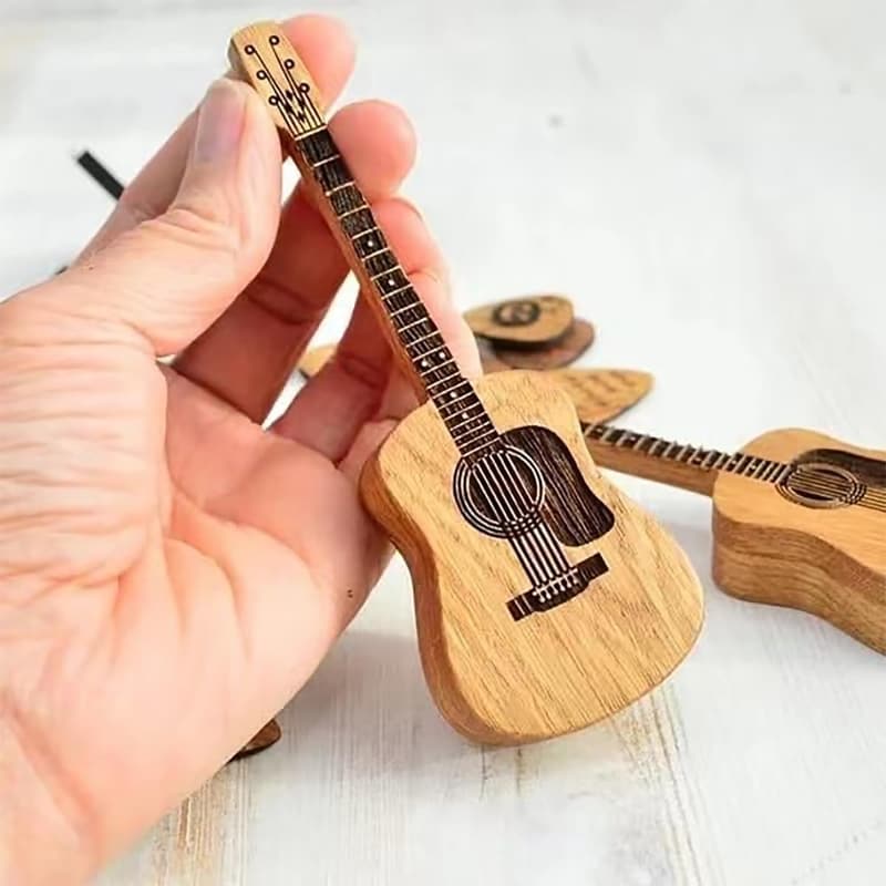 Guitarist Gift Set: Engraved Wooden Pick Box with 3 Picks