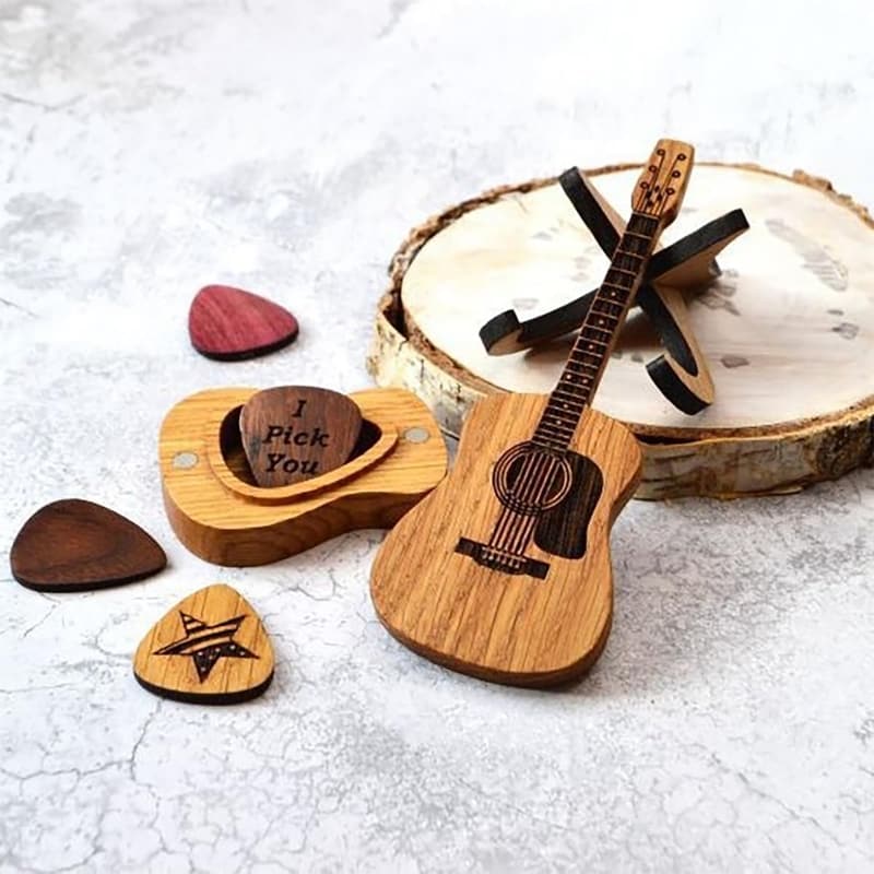Guitarist Gift Set: Engraved Wooden Pick Box with 3 Picks