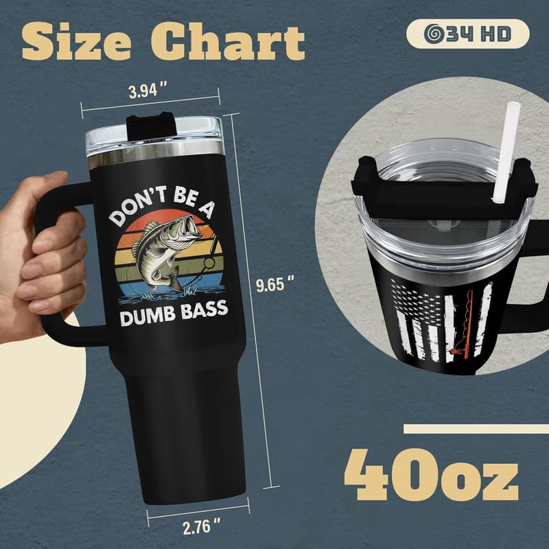 Father's Day 40 oz Stainless Steel Fishing Tumbler with Straw