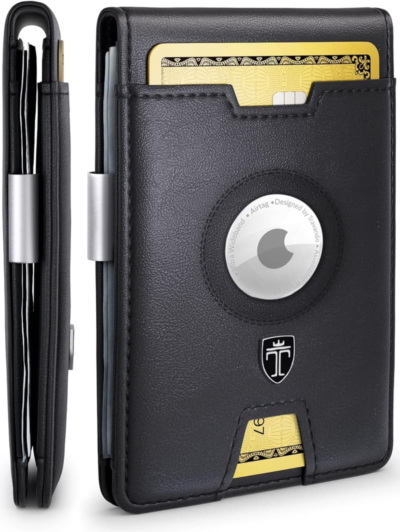 Men's RFID Blocking Leather Wallet with Money Clip - AirTag Holder