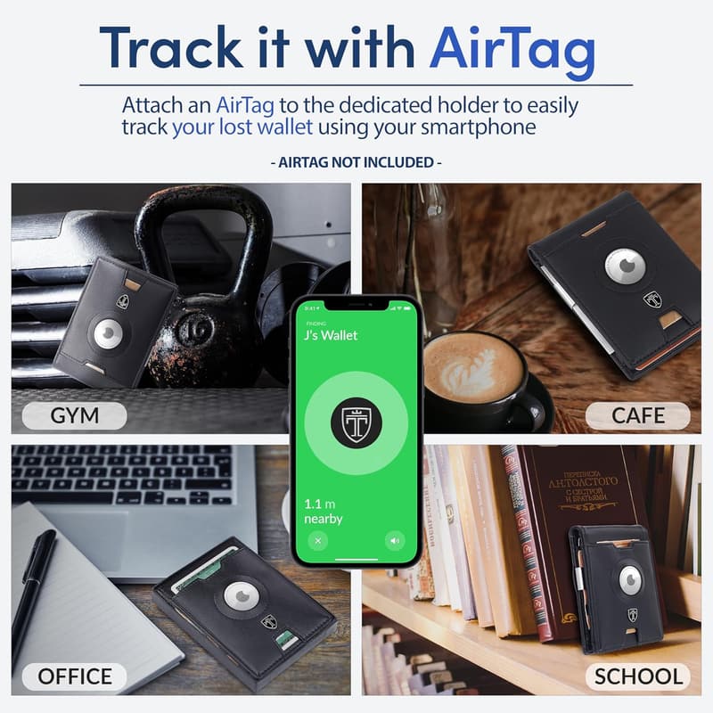 Men's RFID Blocking Leather Wallet with Money Clip - AirTag Holder