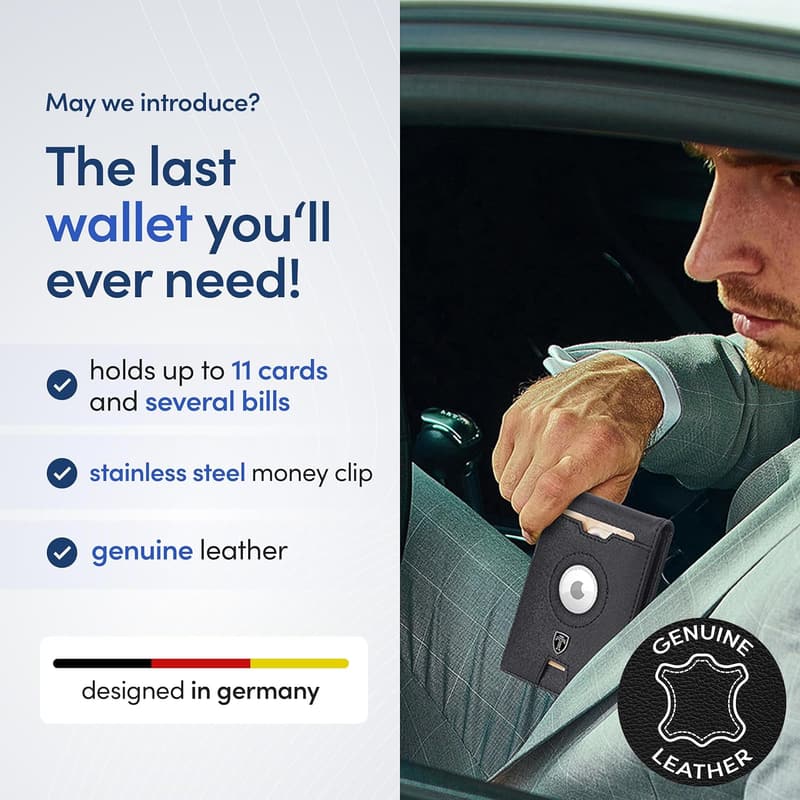 Men's RFID Blocking Leather Wallet with Money Clip - AirTag Holder