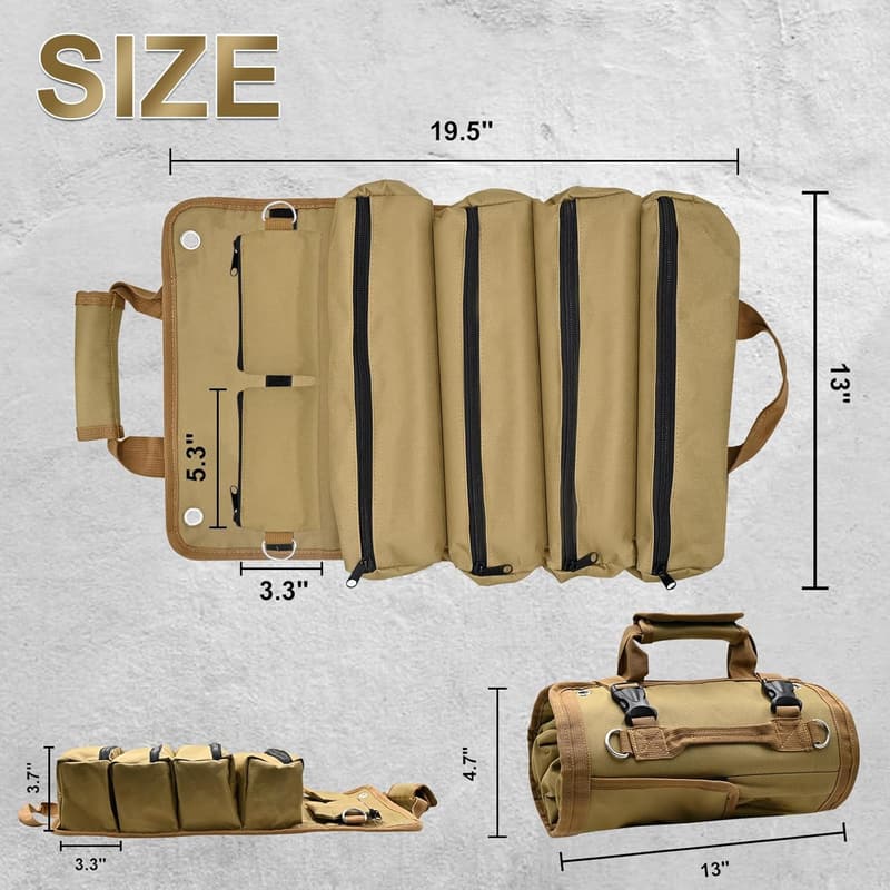 Heavy Duty Tool Roll Organizer with Detachable Pouches
