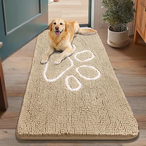 Absorbent Chenille Dog Door Mat for Muddy Paws (Beige, 48x30