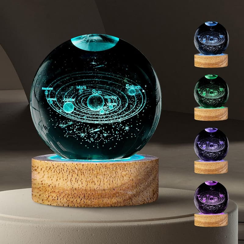 3D Solar System Crystal Ball Night Light with Remote - 60mm Galaxy Decor for Kids