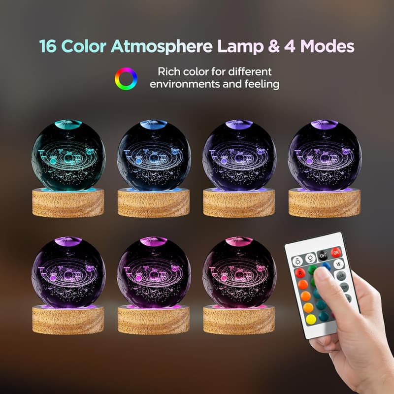 3D Solar System Crystal Ball Night Light with Remote - 60mm Galaxy Decor for Kids