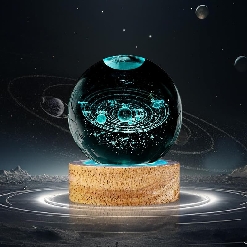 3D Solar System Crystal Ball Night Light with Remote - 60mm Galaxy Decor for Kids