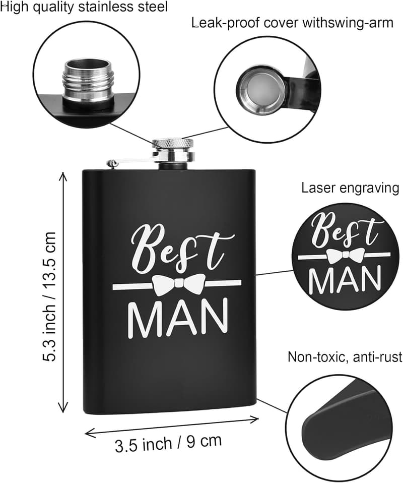 Groomsman Gift Set: 6 Stainless Steel Flasks for Weddings