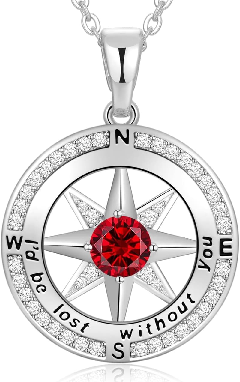 Birthday Gift: Compass Birthstone Necklace in S925 Sterling Silver
