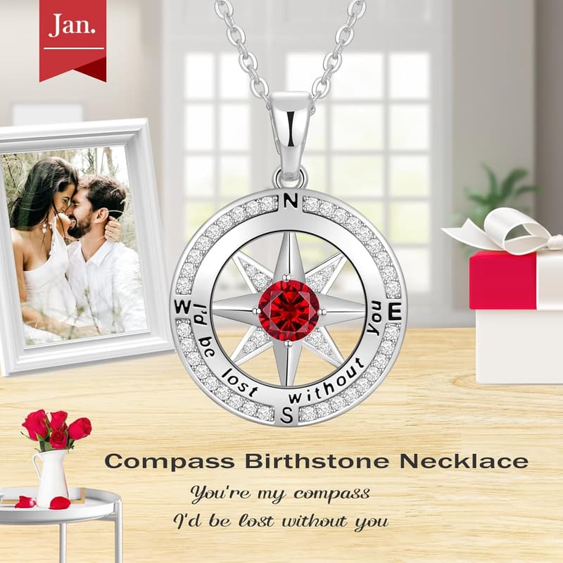 Birthday Gift: Compass Birthstone Necklace in S925 Sterling Silver
