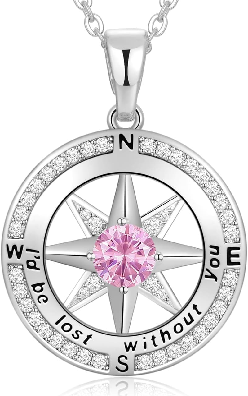 Birthday Gift: Compass Birthstone Necklace in S925 Sterling Silver