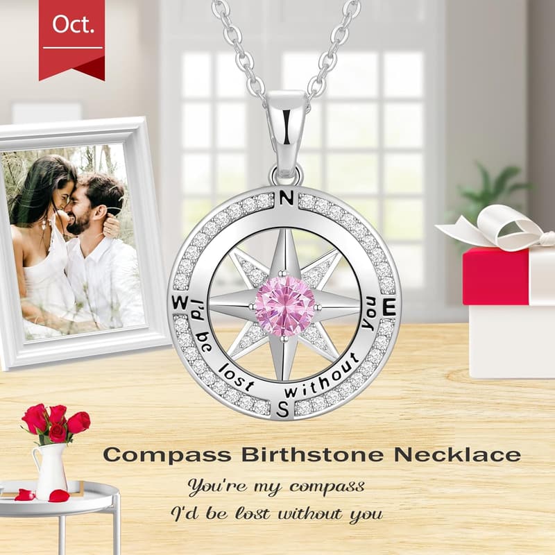 Birthday Gift: Compass Birthstone Necklace in S925 Sterling Silver