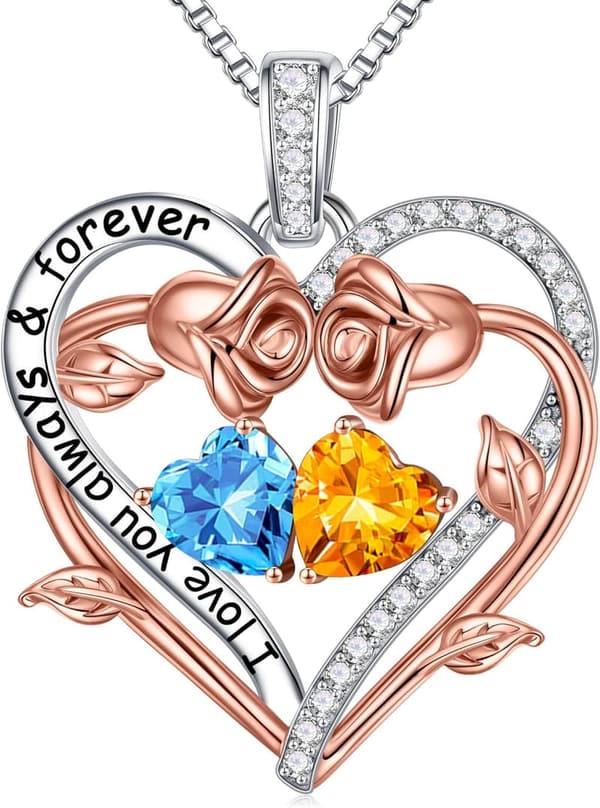 Birthstone Heart Necklace - Double Gemstone Jewelry for Women
