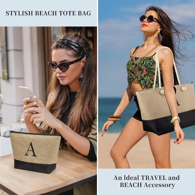 Christmas Beach Bag Set with Makeup Bag for Women