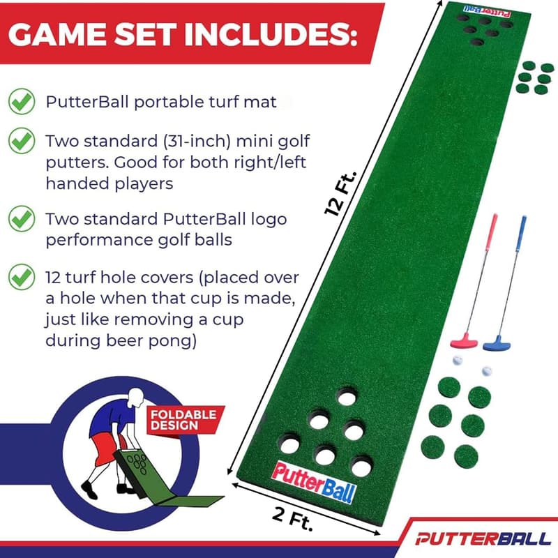 PutterBall Golf Pong Game Set – 12ft Putting Green Mat & Accessories
