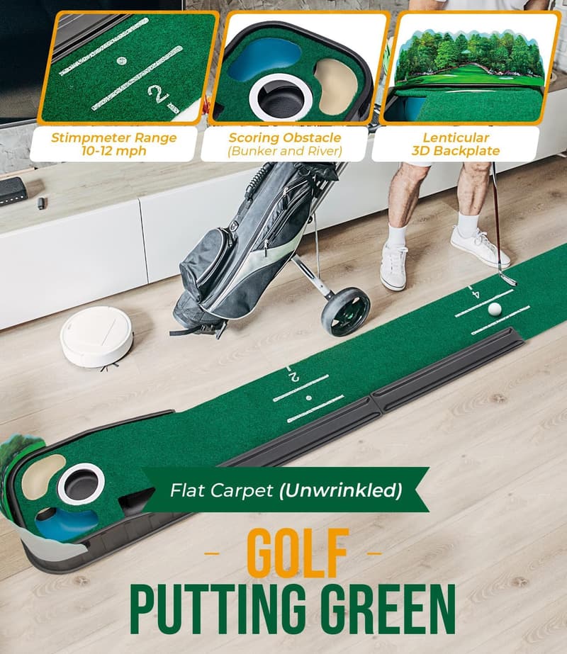 Indoor Golf Putting Mat - 8ft, Wrinkle-Free with Alignment Guides