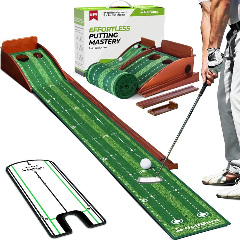 Indoor Golf Putting Mat with Automatic Ball Return & Mirror