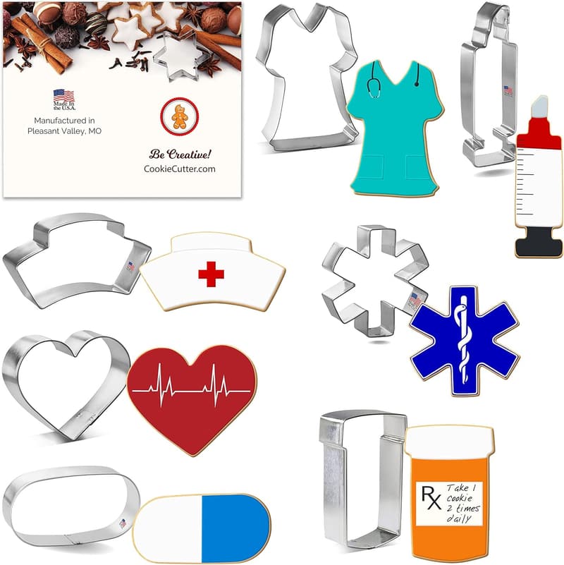 Nurse-Themed Cookie Cutter Set with Recipe Card - 7 Pieces
