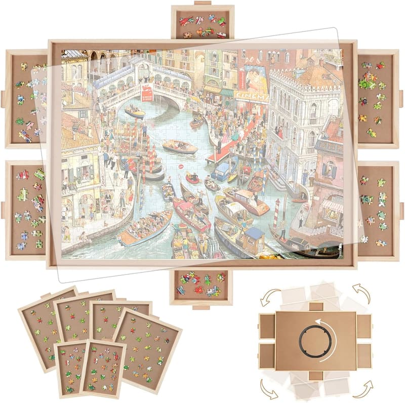 Portable Wooden Puzzle Board with 6 Drawers and Spinning Cover