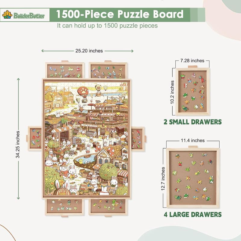 Portable Wooden Puzzle Board with 6 Drawers and Spinning Cover