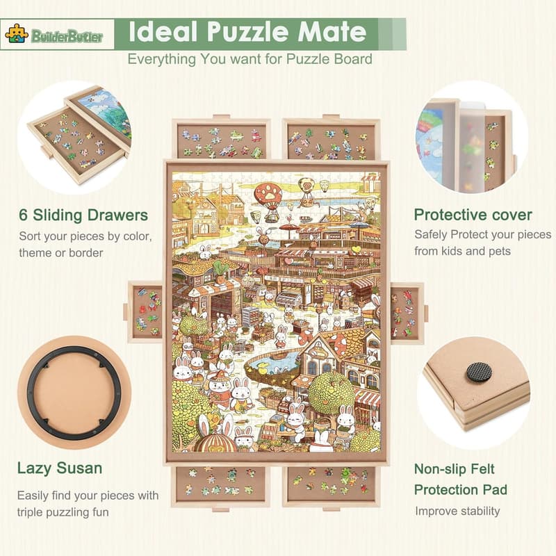 Portable Wooden Puzzle Board with 6 Drawers and Spinning Cover
