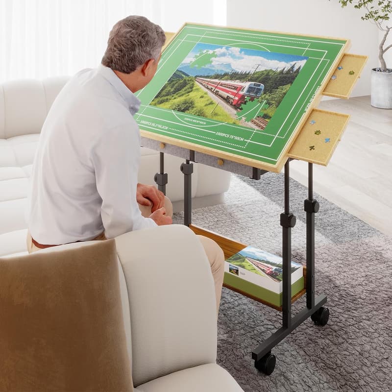 Jigsaw Puzzle Table with Adjustable Tilt and Storage Drawers