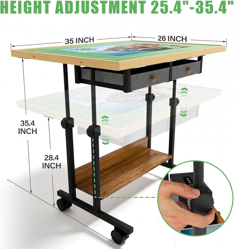 Jigsaw Puzzle Table with Adjustable Tilt and Storage Drawers