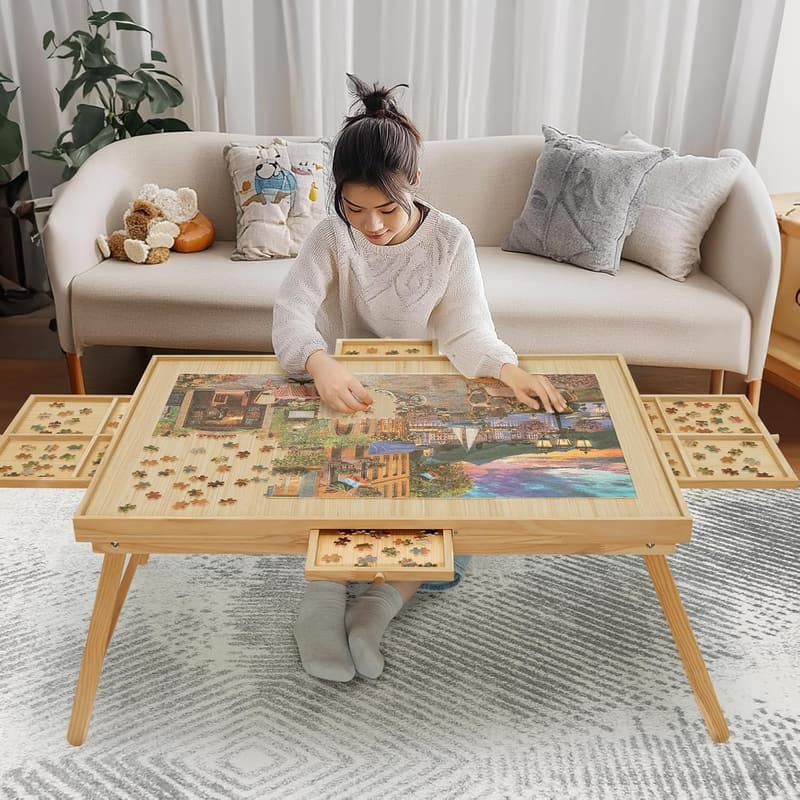 Foldable Wooden Puzzle Table with Drawers for Adults