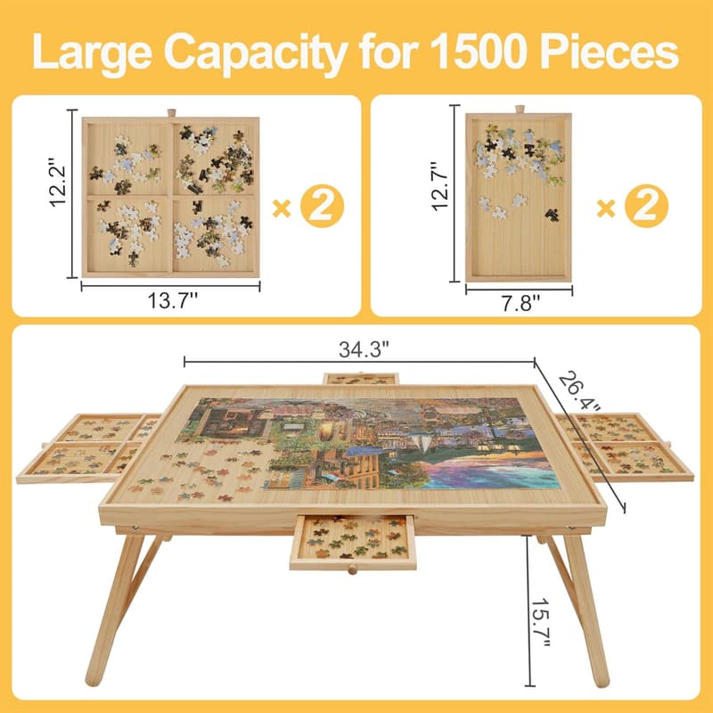 Foldable Wooden Puzzle Table with Drawers for Adults