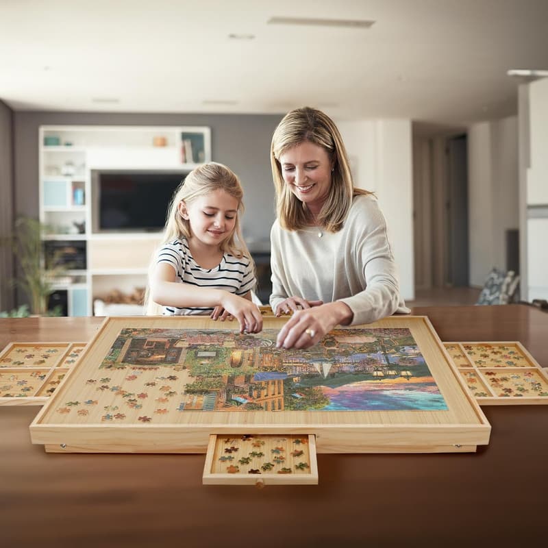Foldable Wooden Puzzle Table with Drawers for Adults