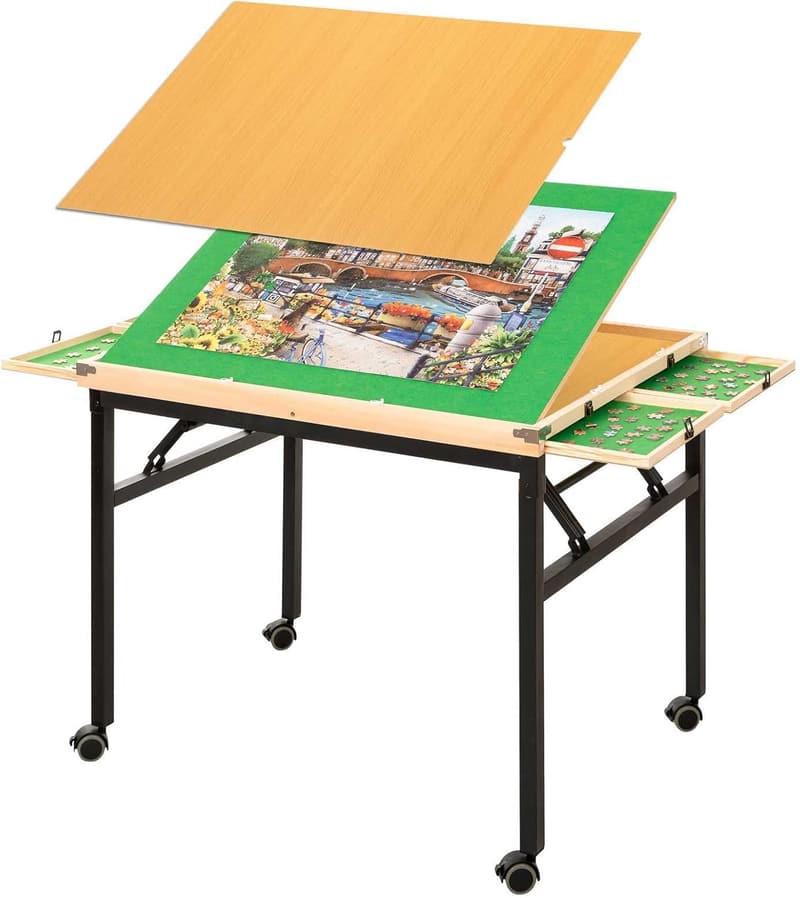 Adjustable Puzzle Table with Drawers & Wooden Cover for Adults