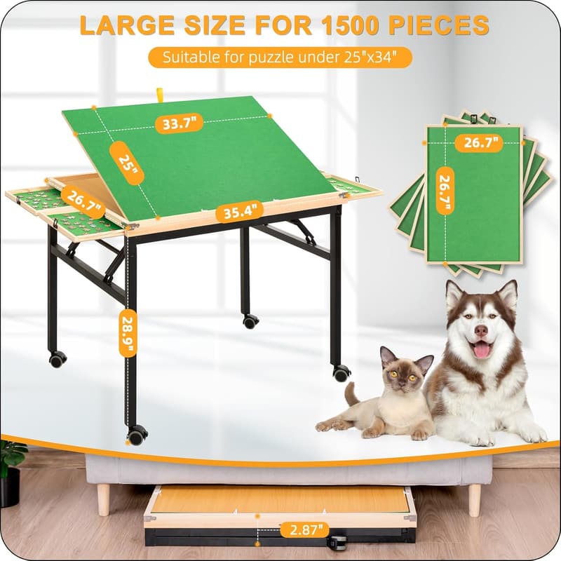 Adjustable Puzzle Table with Drawers & Wooden Cover for Adults