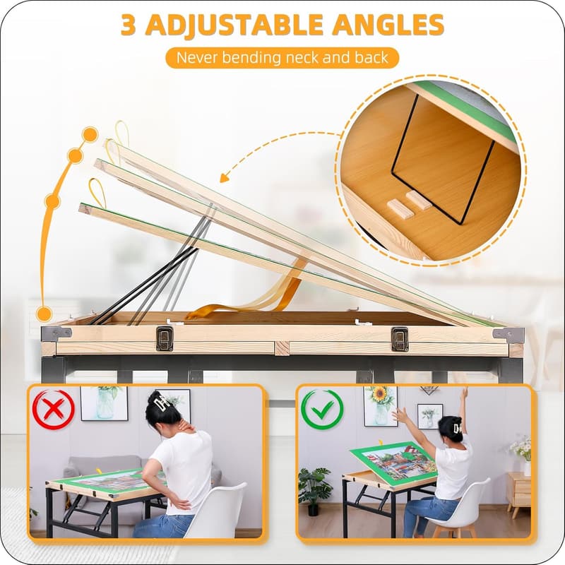 Adjustable Puzzle Table with Drawers & Wooden Cover for Adults