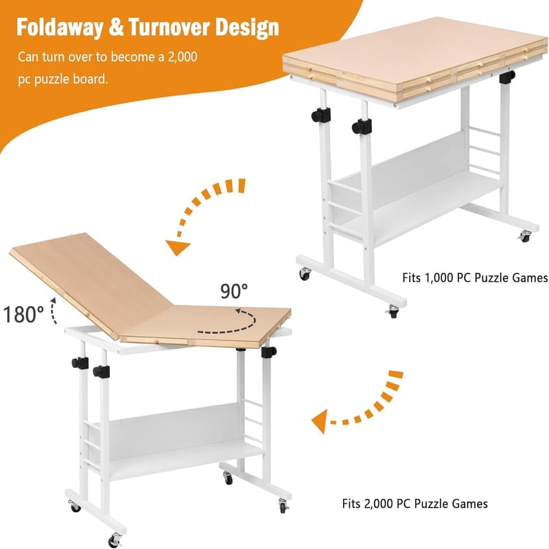 Foldable Jigsaw Puzzle Table with Adjustable Height and Wheels