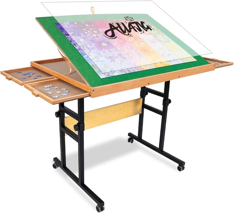 Adjustable Wooden Jigsaw Puzzle Table with Cover & Drawers
