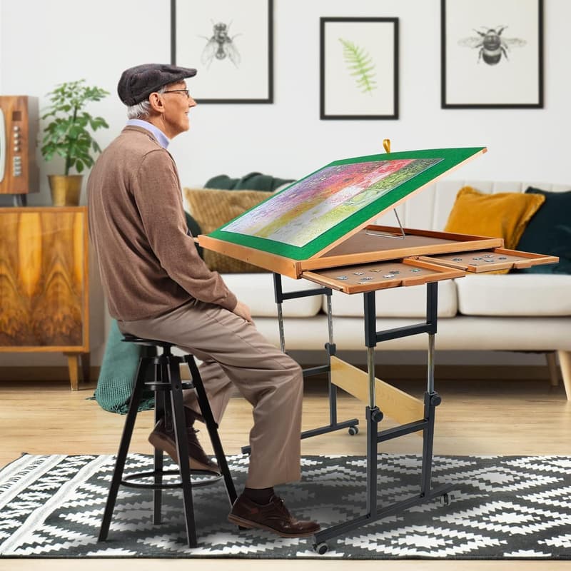 Adjustable Wooden Jigsaw Puzzle Table with Cover & Drawers