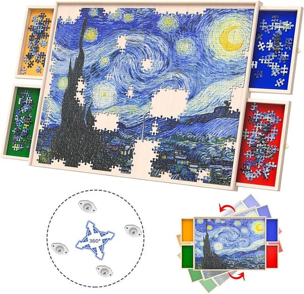 Portable 1000-Piece Wooden Puzzle Table with Rotatable Wheels