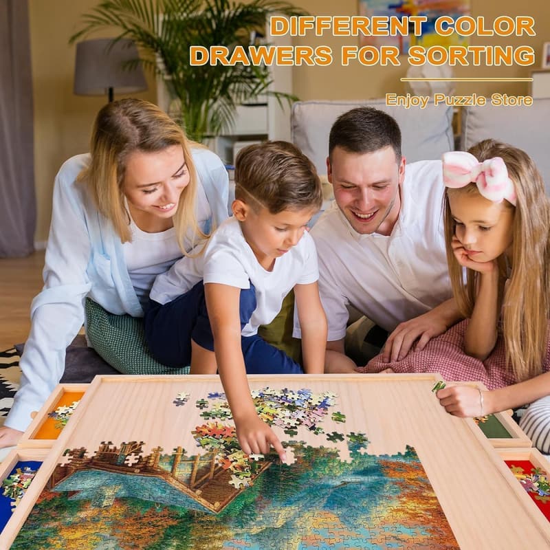 Portable 1000-Piece Wooden Puzzle Table with Rotatable Wheels