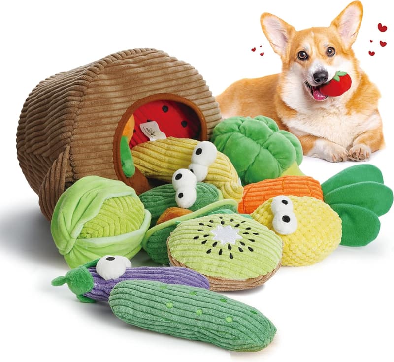 Squeaky Crinkle Dog Toys - 15 Pack Plush Fruits & Veggies