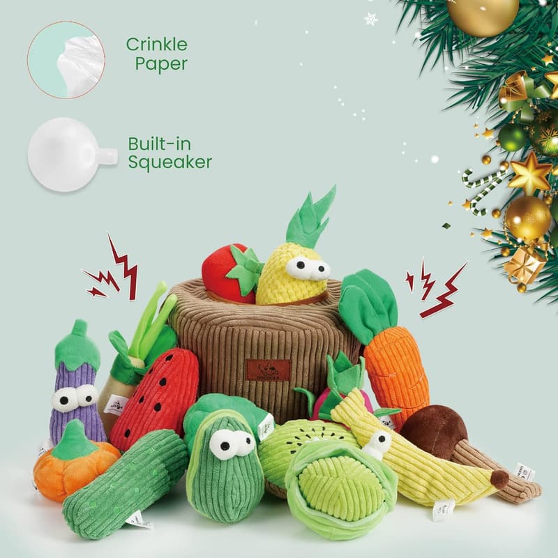 Squeaky Crinkle Dog Toys - 15 Pack Plush Fruits & Veggies
