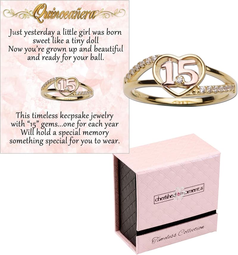 Sweet 15 Quinceañera Gift - Gold-Plated Heart Ring with CZs