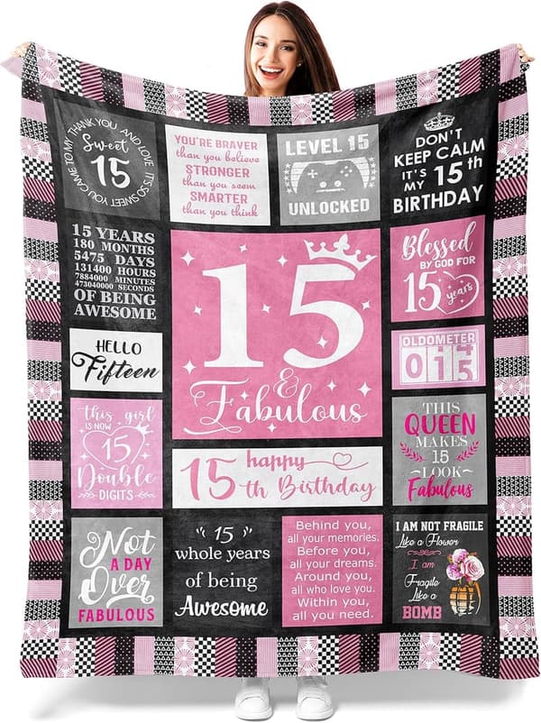 15th Birthday Cozy Blanket Gift for 15-Year-Old Girls